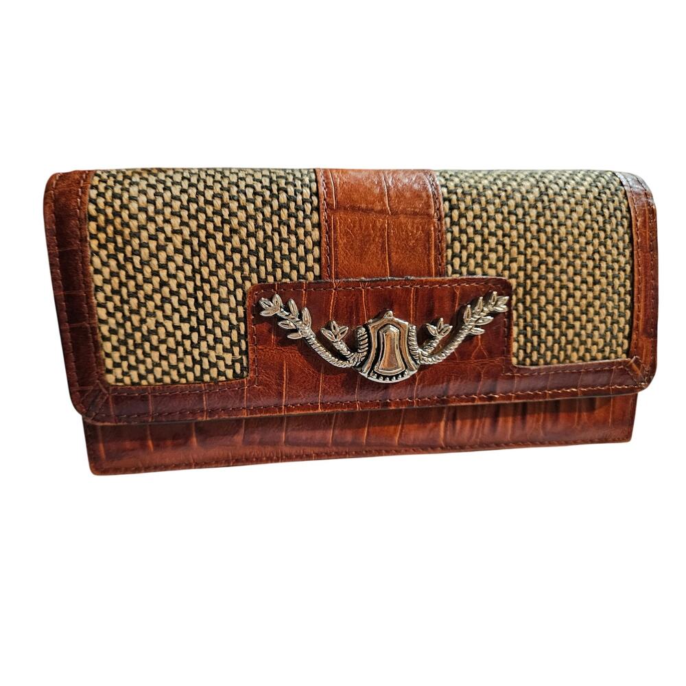 Vintage Monte Carlo M C Brown Crocodile Embossed Woven Leather Wallet Tri Fold
